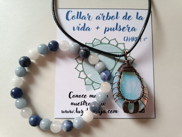 Conjunto Collar árbol de la vida + pulsera, azul. 5° chakra