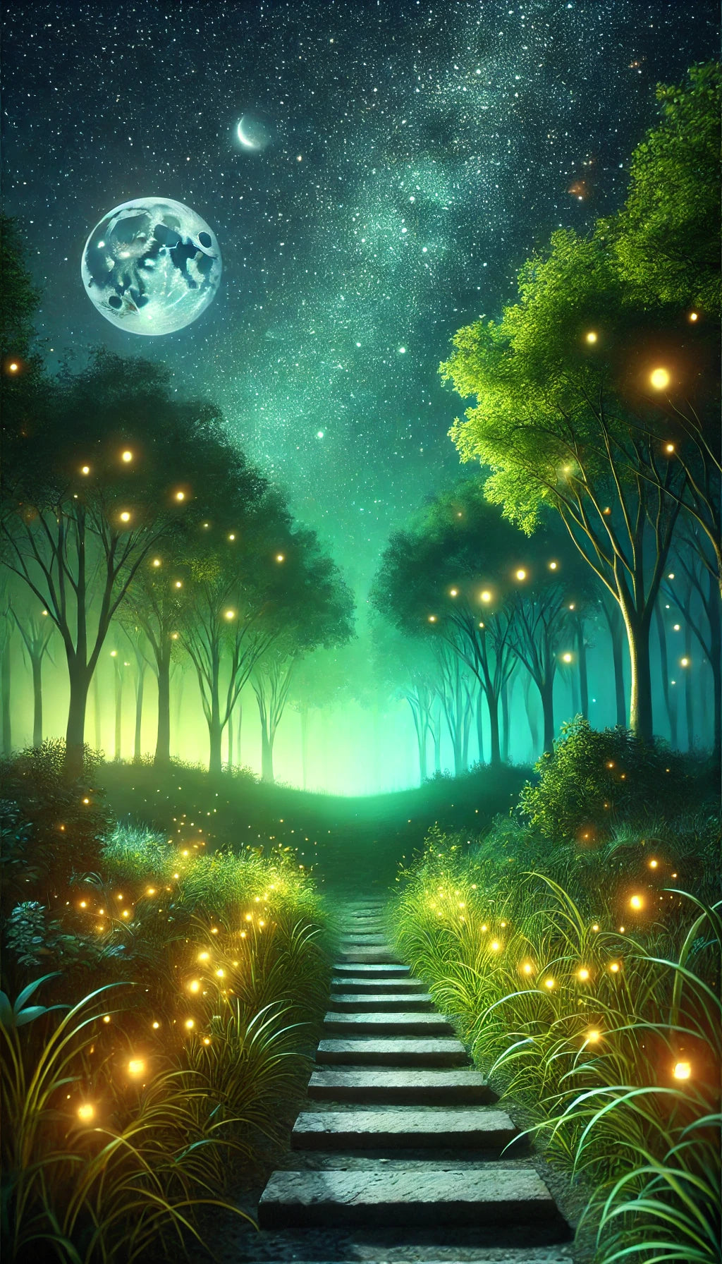 Bosque de ensueño, bajo las estrellas.