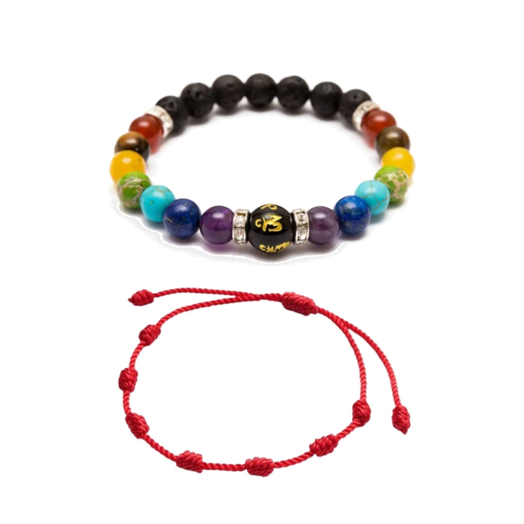 Pack de Protección y Energía - Pulsera de Hilo Rojo con 7 Nudos + Pulsera de los Chakras