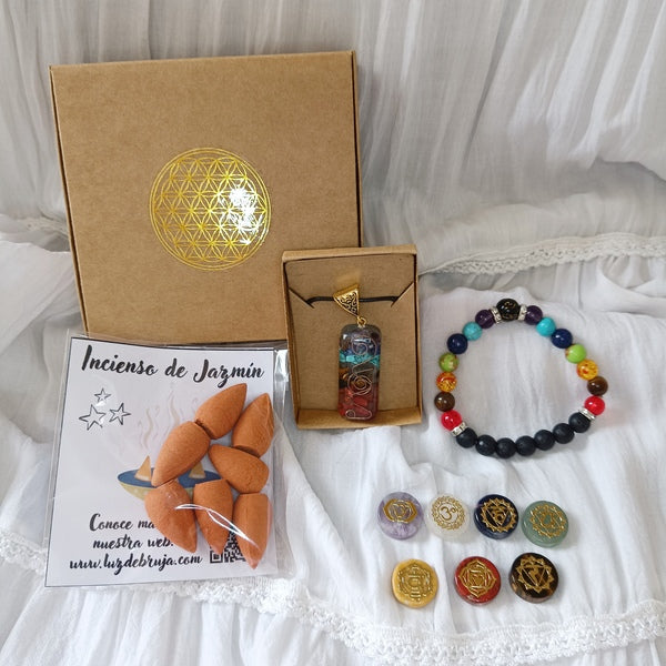 Set de Energía: 7 Piedras de Chakras con Símbolos + Colgante de Resina con Piedras Naturales + Pulsera de Cristales + Incienso de Jazmín