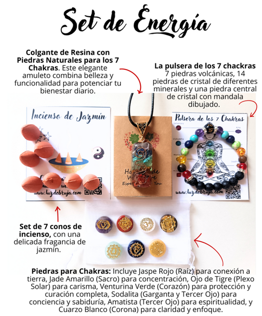 Set de Energía: 7 Piedras de Chakras con Símbolos + Colgante de Resina con Piedras Naturales + Pulsera de Cristales + Incienso de Jazmín