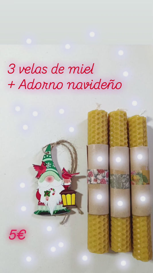 Pack 3 velas de miel + adorno navideño